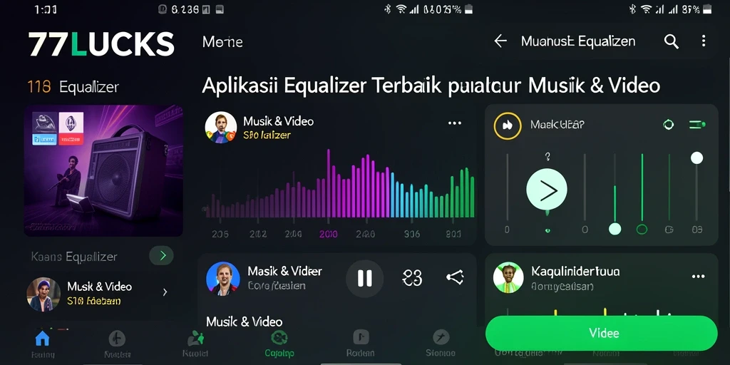 Antarmuka aplikasi 77LUCKS dengan pengaturan equalizer yang menarik.