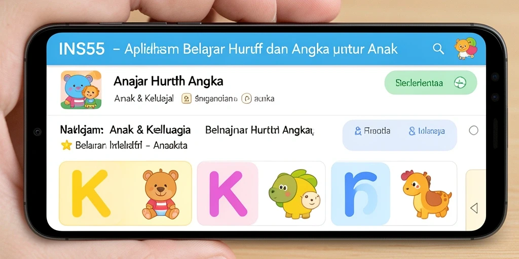 Tampilan antarmuka INS55 yang menarik untuk belajar huruf dan angka.