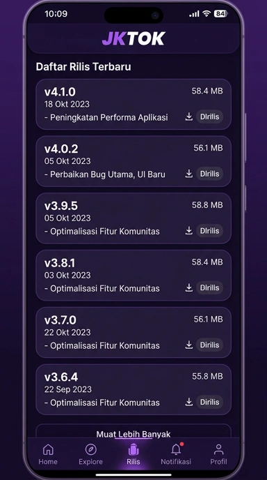 Tampilan riwayat versi jktok